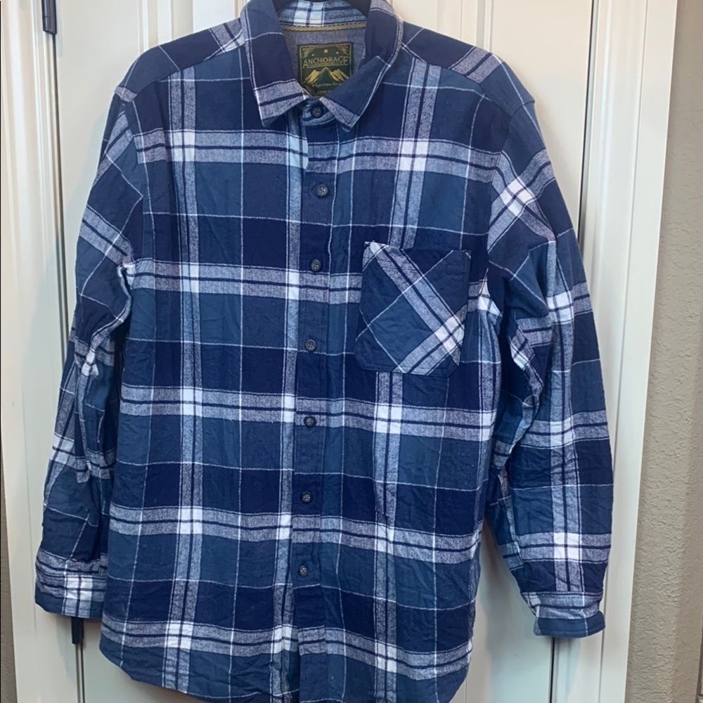 Anchorage Expedition Brand Thick Plaid Flannel Blue Teal Button Down Shirt, XL